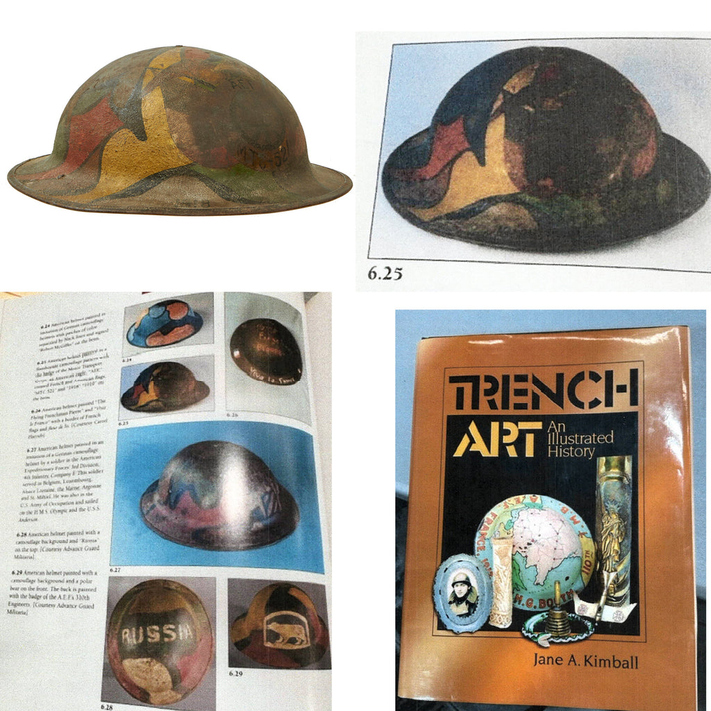 Original U.S. WWI M1917 Doughboy Helmet Shell With Camouflage Panel Paint and Motor Transport Corps Painted Insignia -  As Featured In The Book “Trench Art, An Illustrated History” by Jane Kimball on Page 228 Original Items