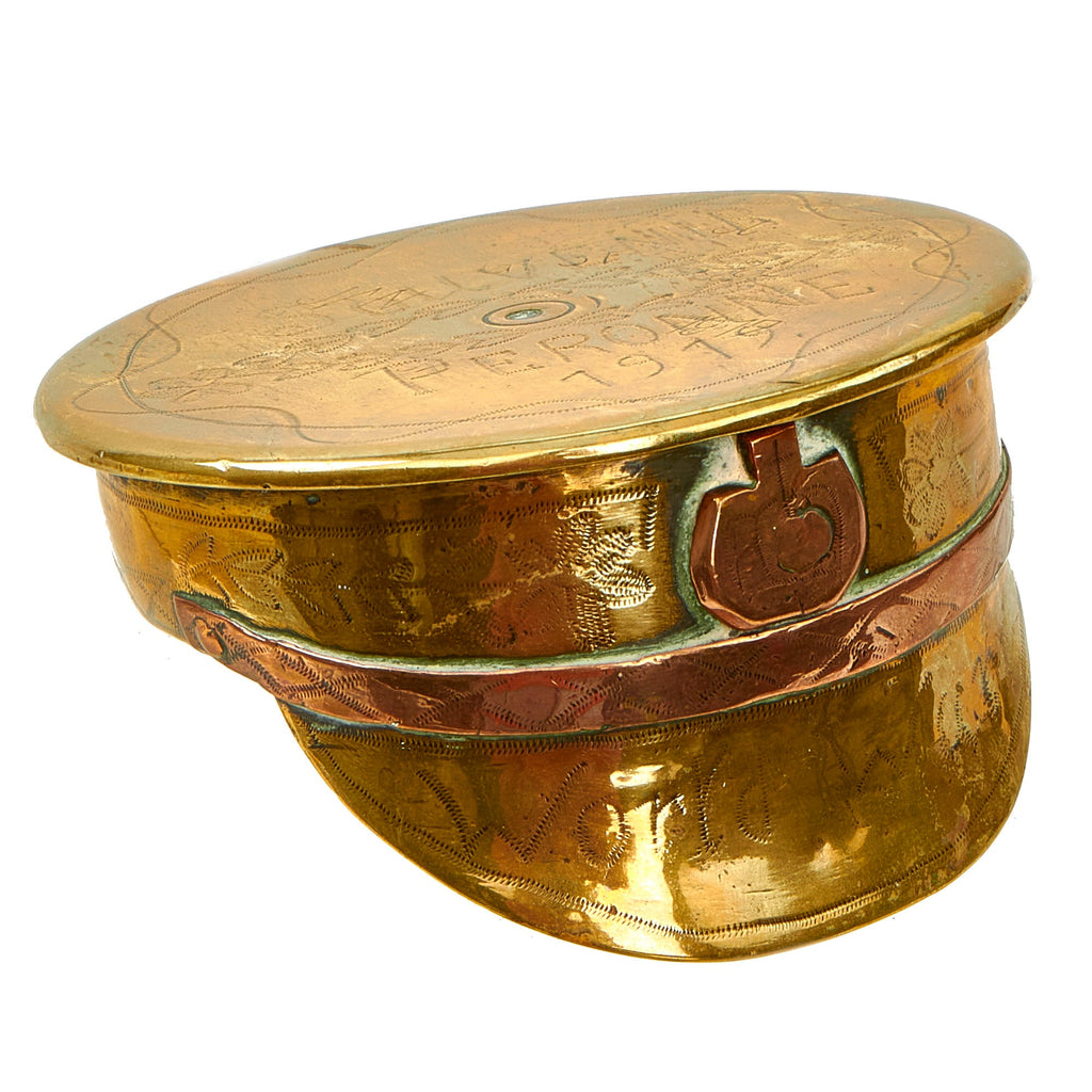 Original British WWI Trench Art “Souvenir of Peronne” Peaked Visor Cap Made From German 77mm Shell Casing Original Items