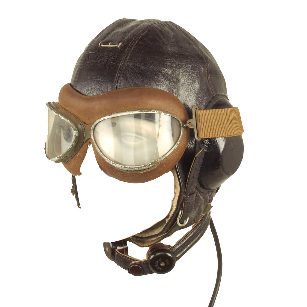 Original German WWII Luftwaffe LKpW101 Leather Winter Flying Helmet by DeTeWe with Avionics & Goggles - Size 57cm Original Items