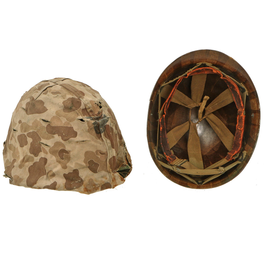 Original U.S. WWII Korean War USMC McCord Fixed Bale M1 Helmet with IMP Liner & Torn USMC Cover With Stenciled Eagle, Globe and Anchor Original Items
