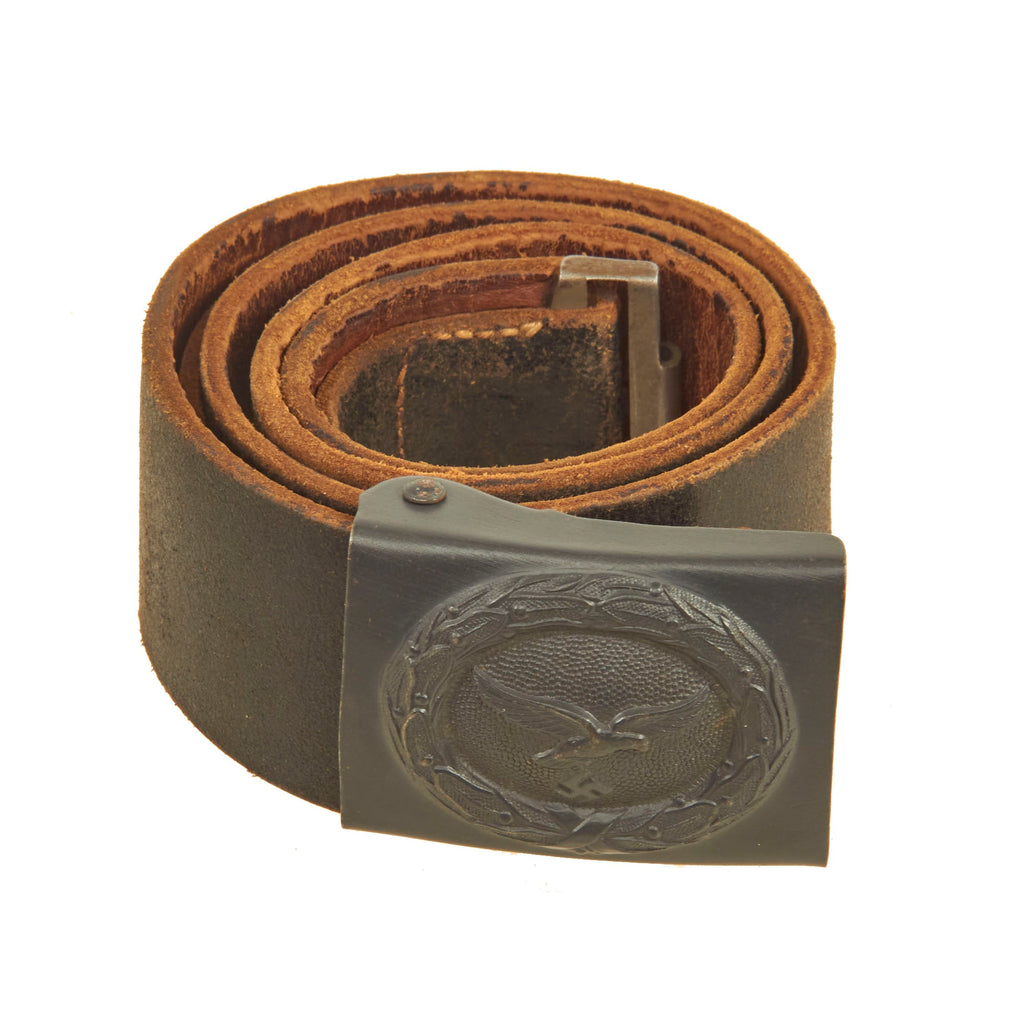 Original German WWII Luftwaffe Black Leather Belt with Painted Steel Buckle Original Items
