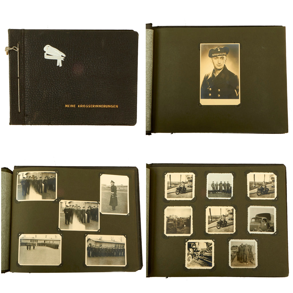 Original German WWII Kriegsmarine "Meine Kriegserinnerungen" Photo Album with Sailor's Cap Insignia - 87 Photos Original Items