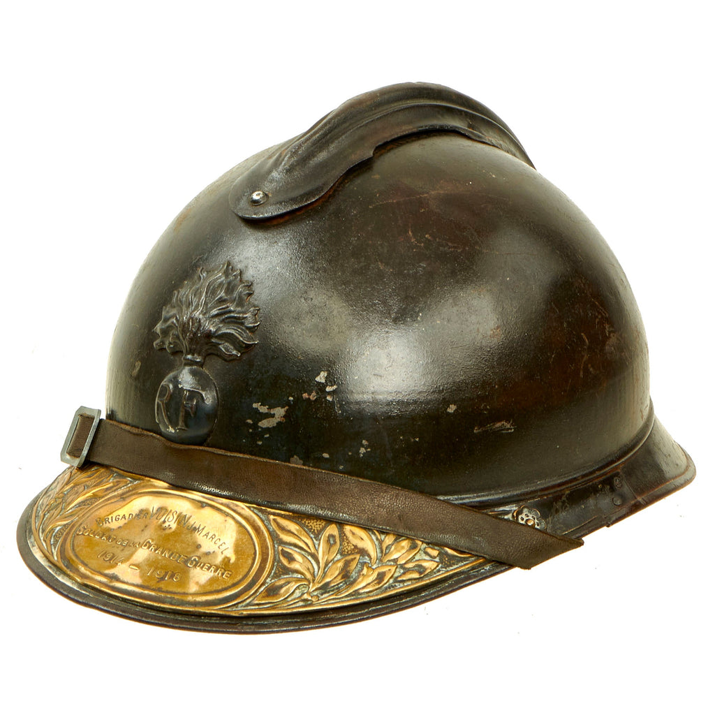 Original French WWI Issue Model 1915 Adrian Helmet in Horizon Blue with RF Badge With Soldat De La Grande Guerre Plaque - Complete Original Items