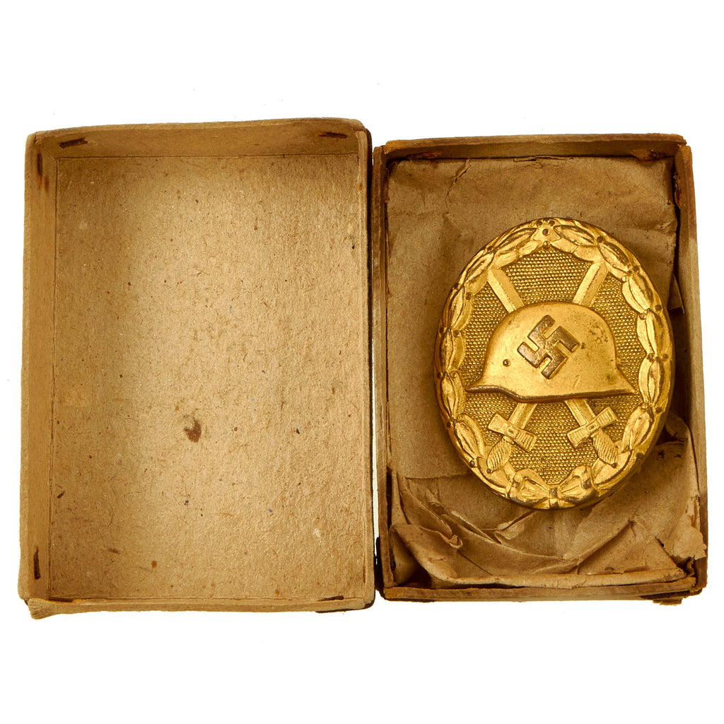 Original German WWII Gold 1st Class Wound Badge in Original Box - Unmarked Brass Solid Back Original Items
