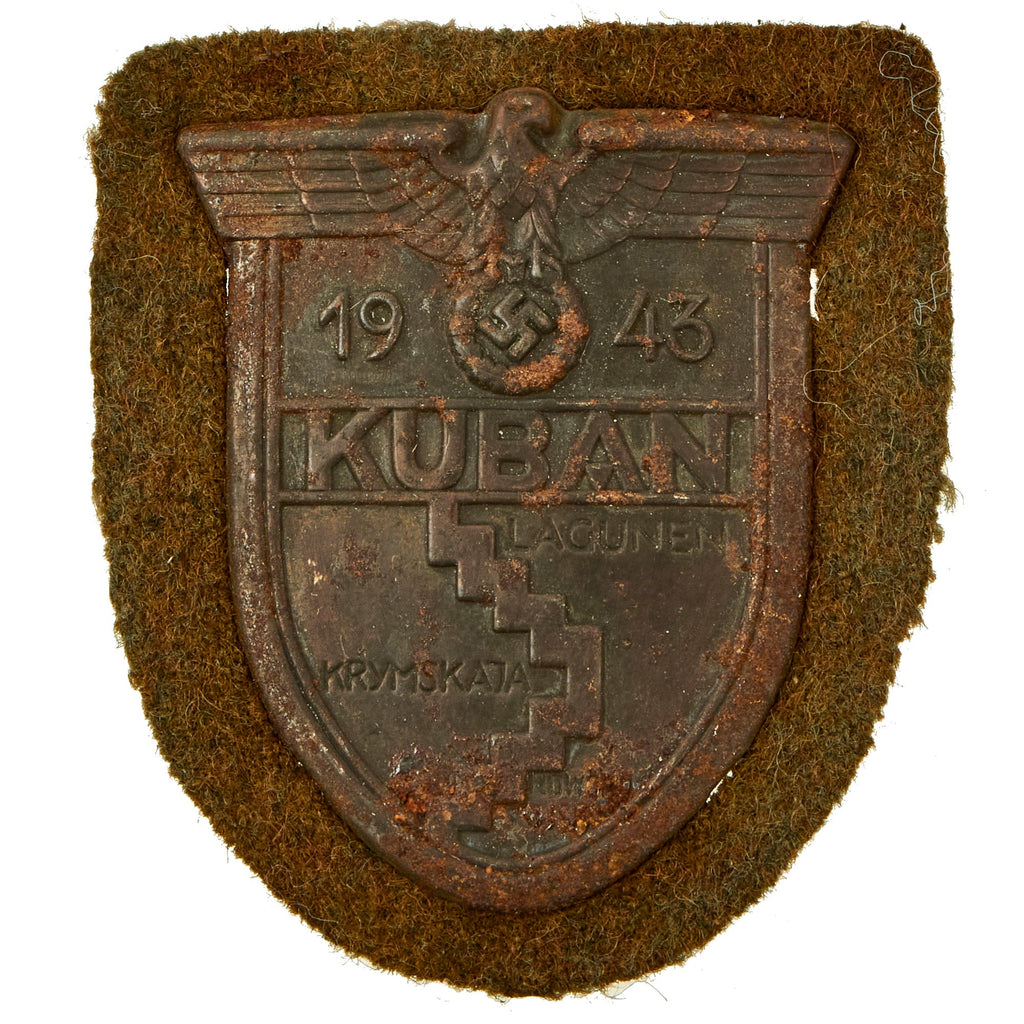 Original German WWII Service Worn Heer Kuban Bridgehead Shield Decoration with Fabric & Back Plate - Ärmelschild Kuban Original Items