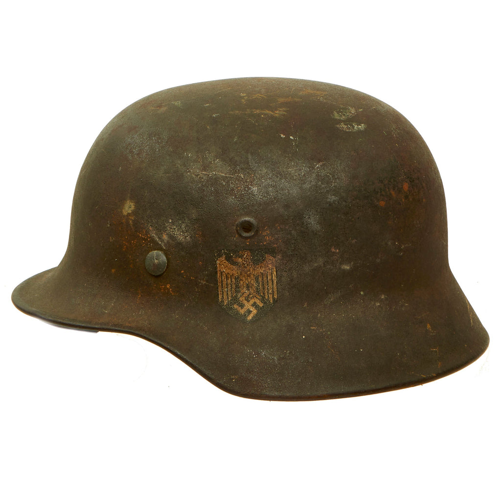Original German WWII Service Used M40 Single Decal Army Heer Helmet with Relic Liner & Chinstrap - EF64 Original Items