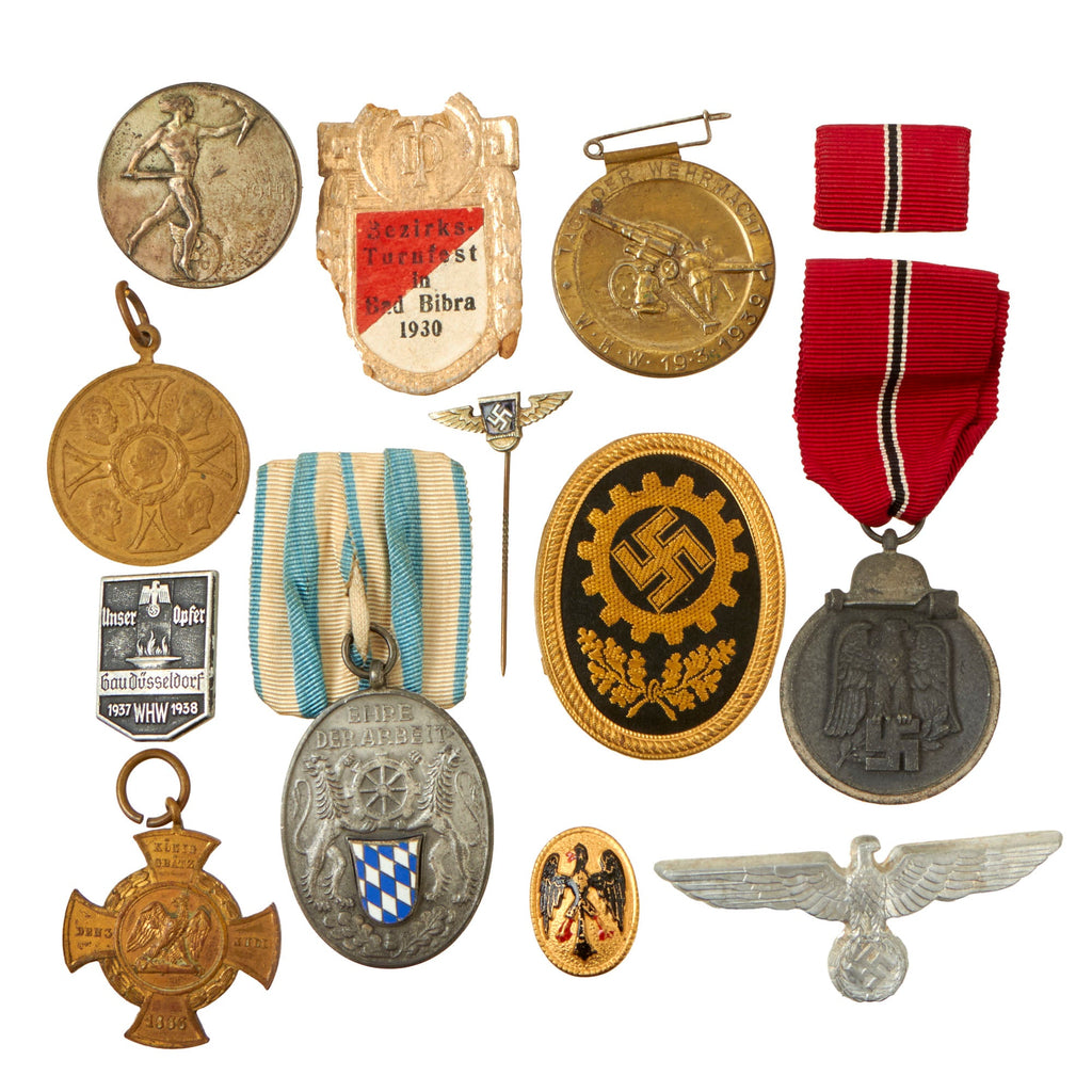 Original German WWI - WWII Medal & Insignia Grouping with Bavarian 25 Year Industrial Service Award, Eastern Medal and More - 12 Items Original Items