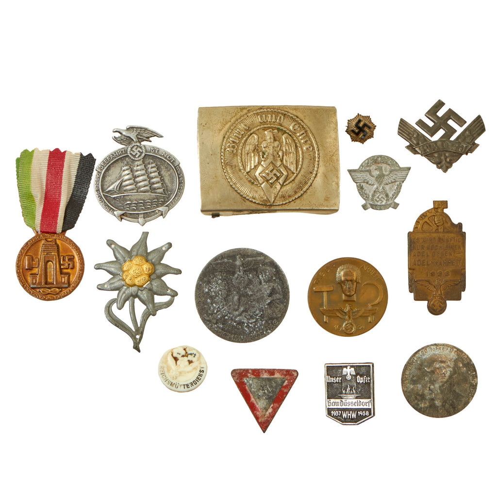 Original German WWII Belt Buckle, Award & Tinnie Grouping with Italian-German Africa Medal & HJ Buckle - 14 Items Original Items