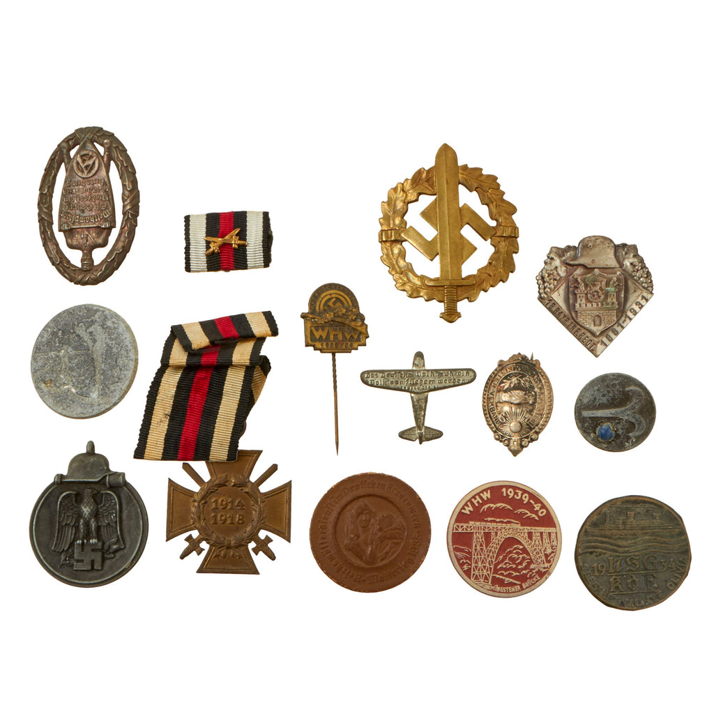 Original German WWII Award and Tinnie Grouping with Hindenburg Cross, Eastern Medal, and More - 14 Items Original Items