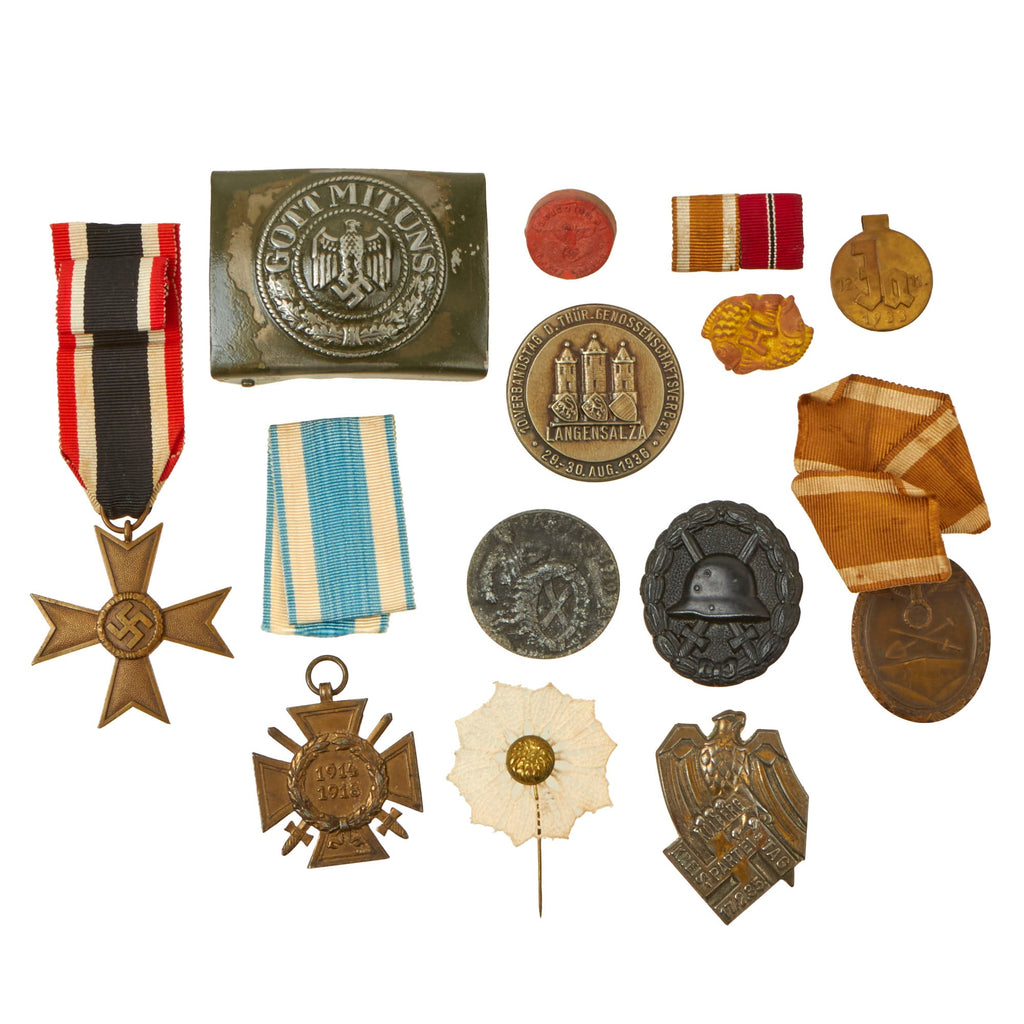 Original German WWI - WWII Belt Buckle, Award & Tinnie Grouping with KvKII, Hindenburg Cross, & More - 13 Items Original Items