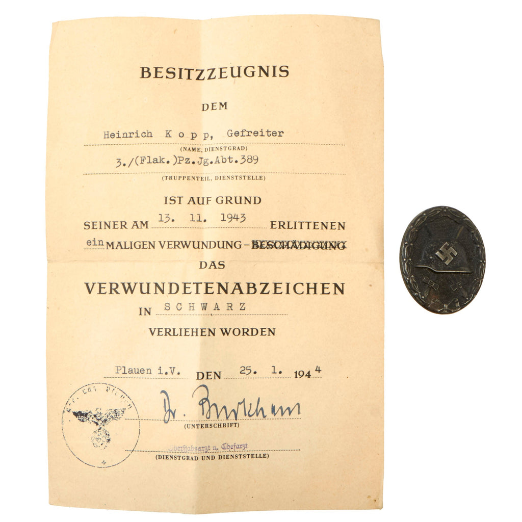Original German WWII Black 3rd Class Wound Badge by Klein & Quenzer with Named Award Document - Dated 1943 Original Items