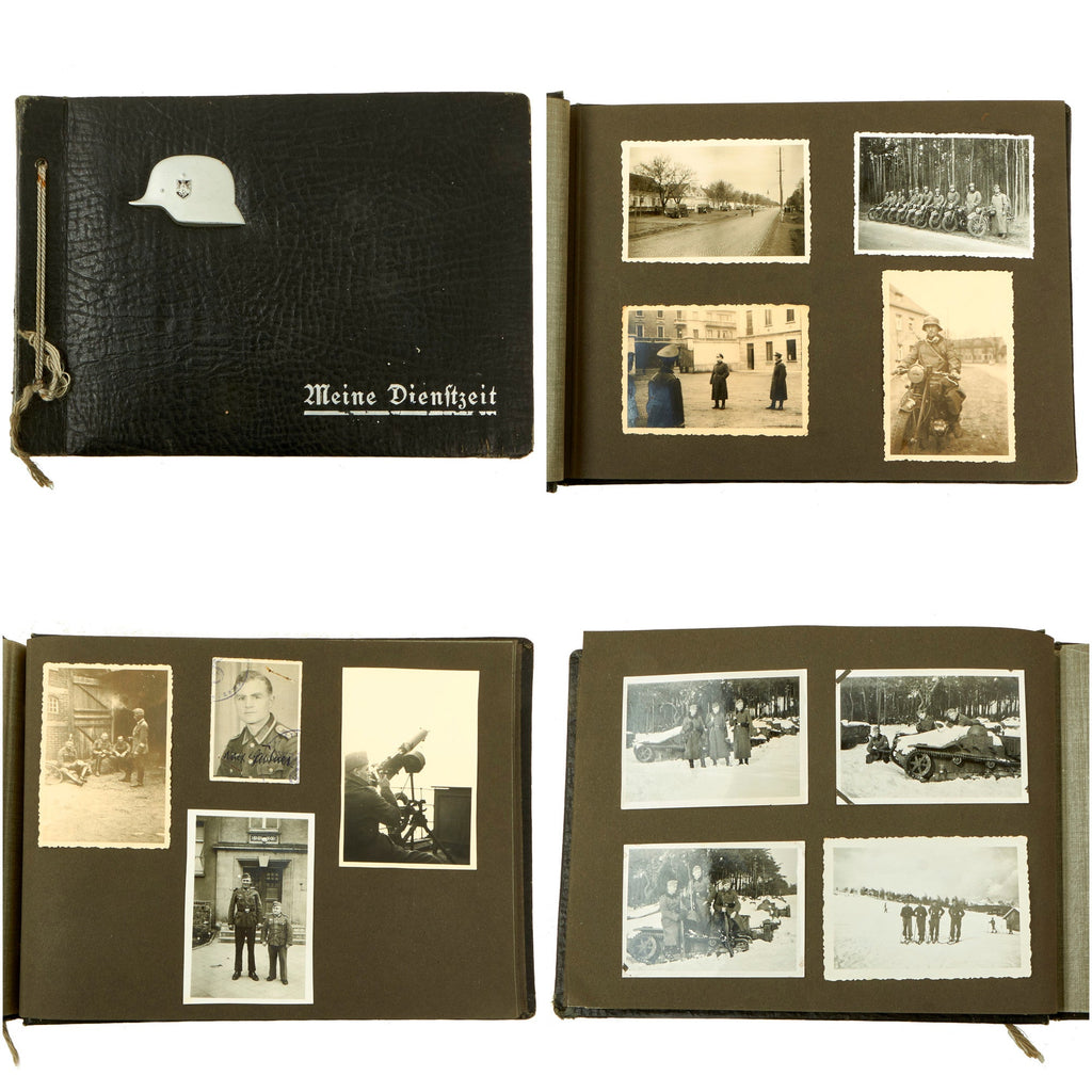 Original German WWII Heer Army "Meine Dienstzeit" Personal Photo Album with Metal Helmet Insignia - 119 Photos Original Items