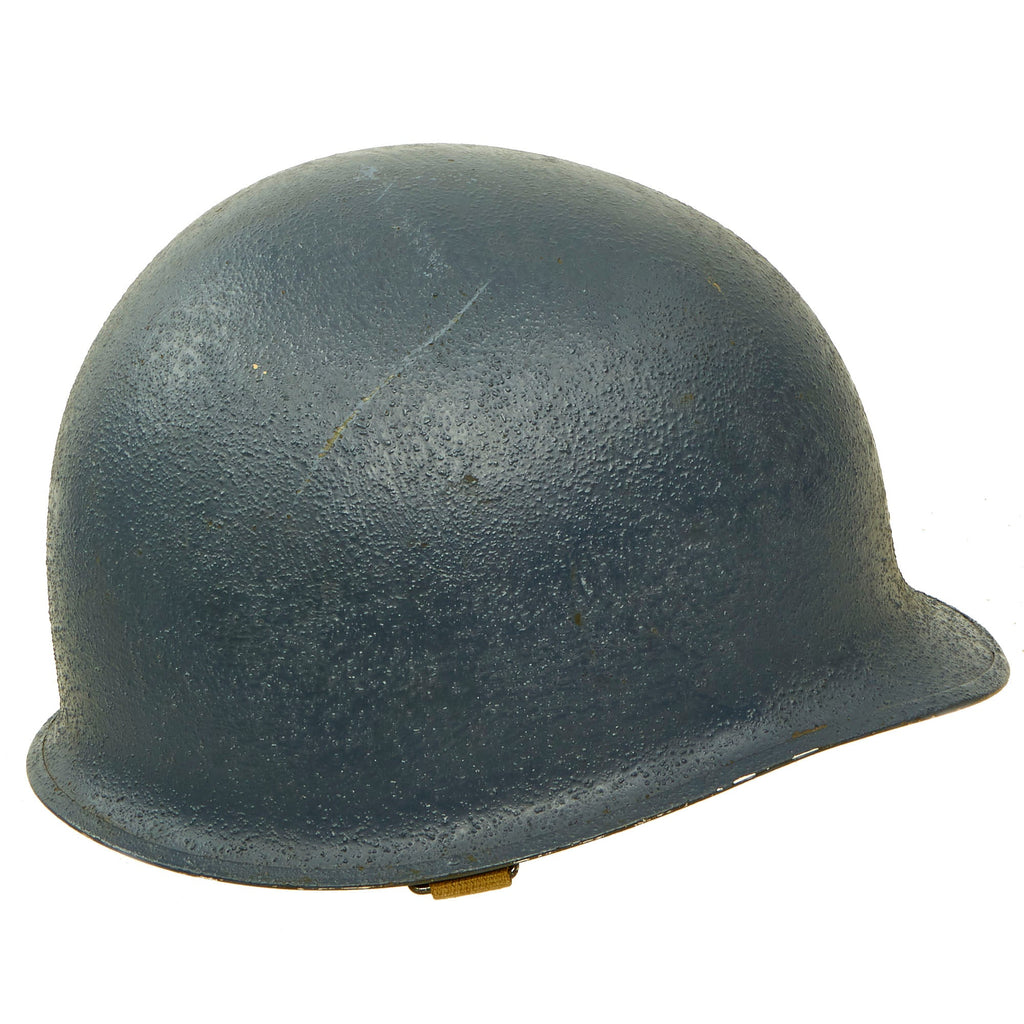 Original U.S. WWII USN Navy Blue Early 1943 M1 McCord Front Seam Fixed Bale Helmet with Westinghouse Liner Original Items