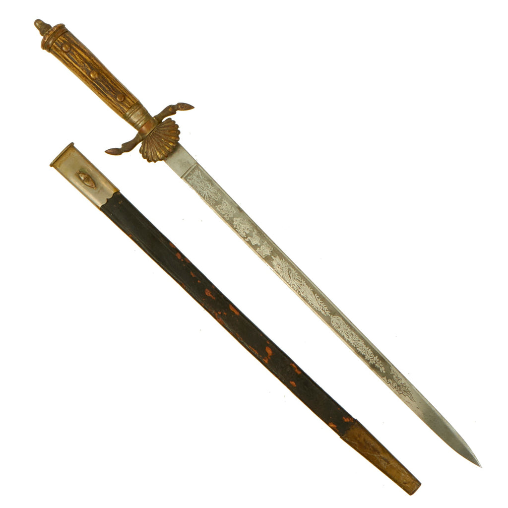 Original German WWII Hirschfänger Stag Handle Forestry Dress Cutlass with Named Scabbard Original Items