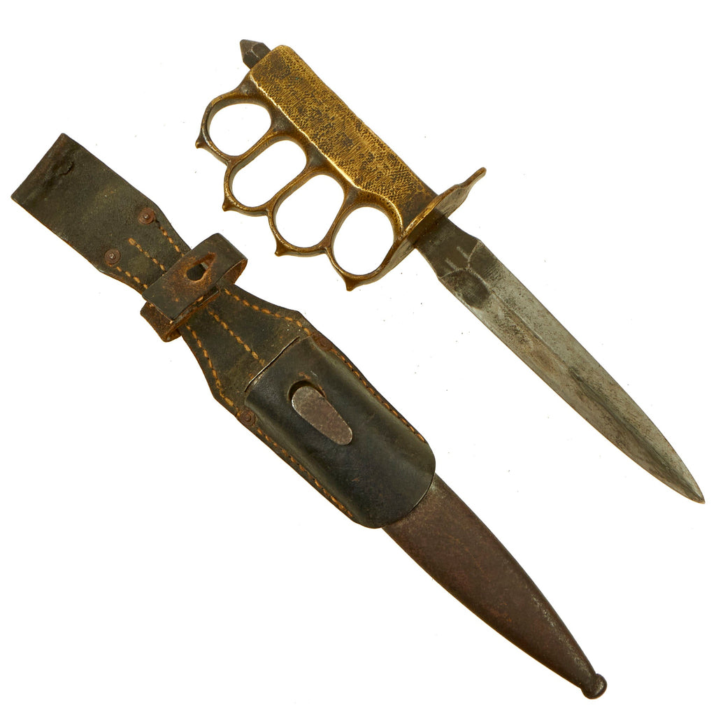 Original U.S. WWI/WWII Model 1918 Mark 1 Trench Knife “Paratrooper” Modified with Cut Down German 98k Frog and Scabbard Original Items