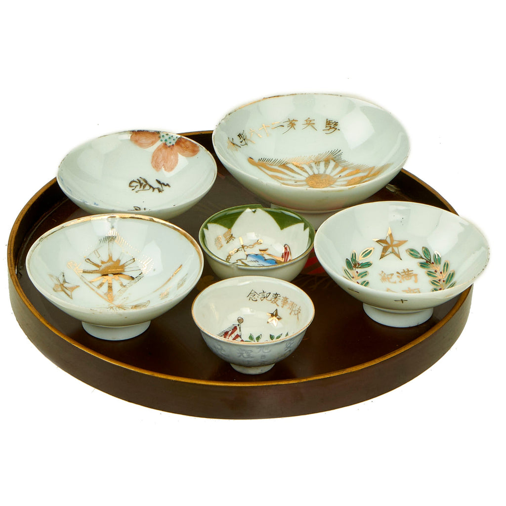 Original Japan WWII Imperial Japanese Sake Cup Lot With Tray - 7 Items Original Items