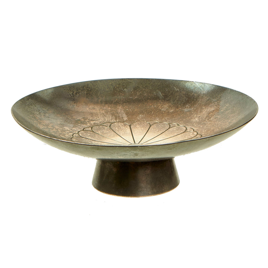 Original Imperial Japan WWII Era Kanji Marked Large Silver Sakazuki Dish Featuring Imperial Seal of Japan - Chrysanthemum Seal Original Items
