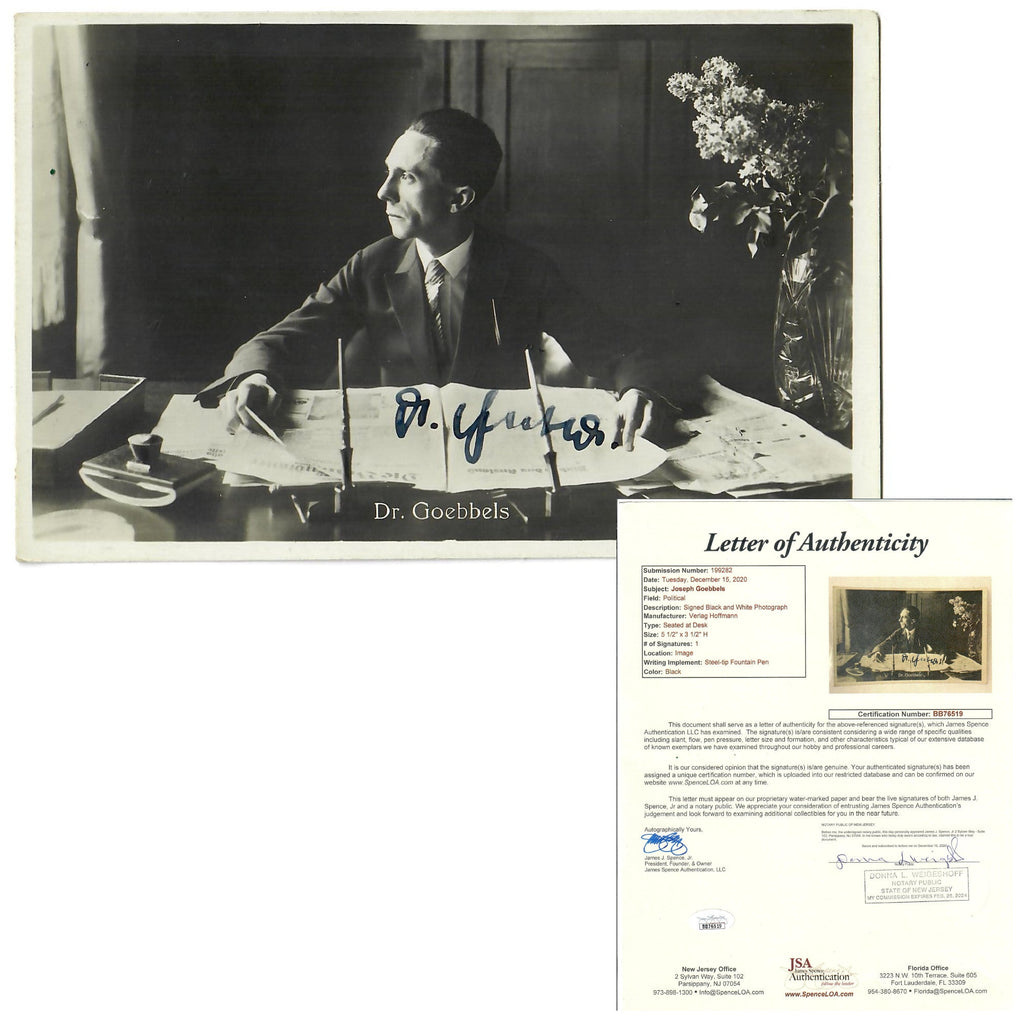 Original German WWII Signed Postcard Photograph of Dr. Joseph Goebbels with JSA Letter of Authenticity Original Items