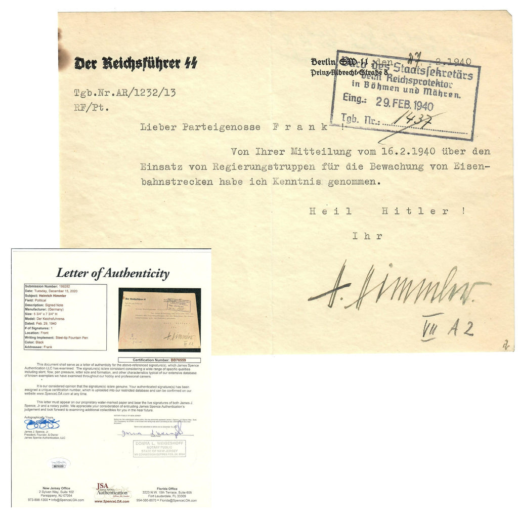 Original German WWII Signed Communication from Reichsführer-SS Heinrich Himmler to Hans Frank with JSA Letter of Authenticity Original Items