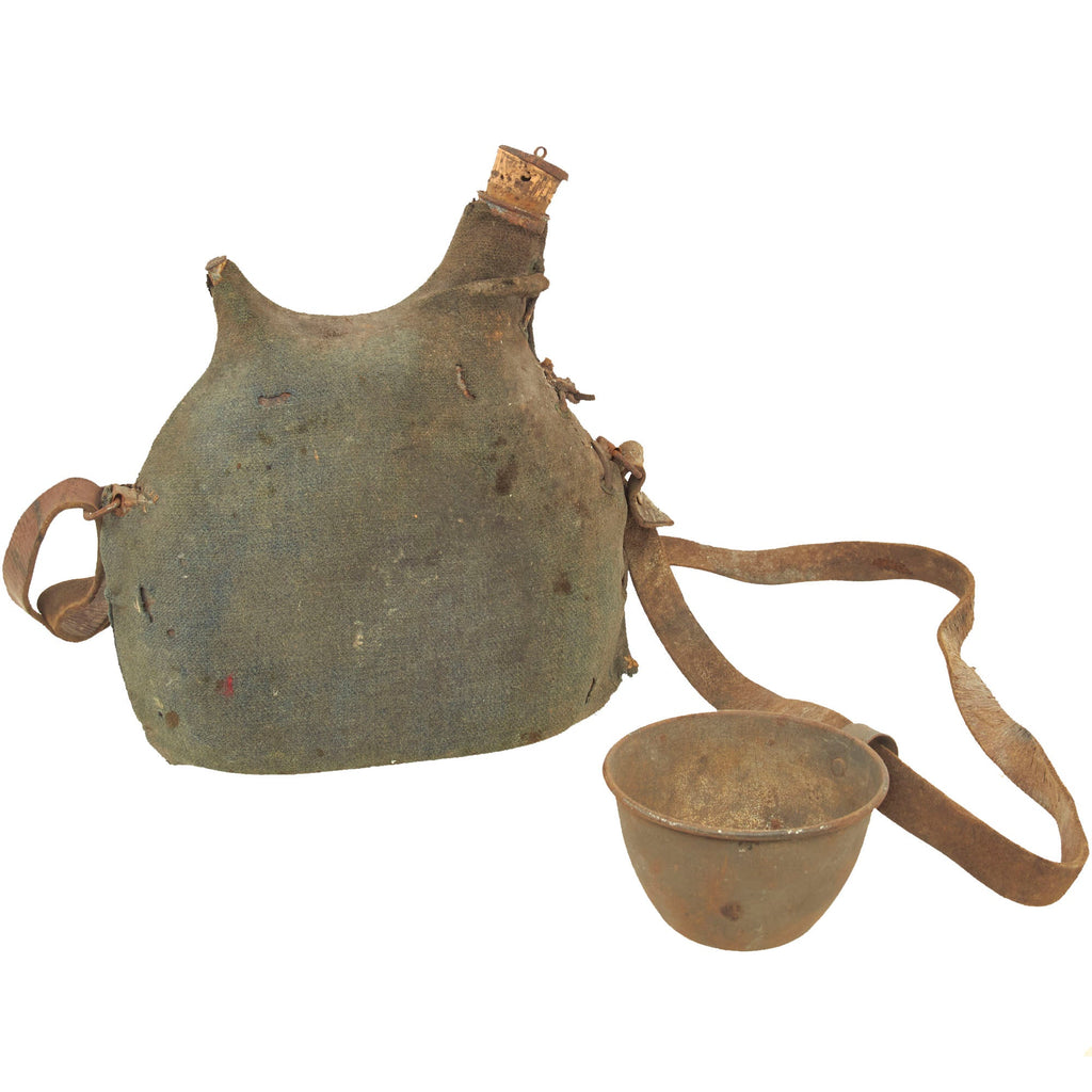 Original French WWI Model 1877 Canteen in Horizon Blue with Shoulder Strap and Cup - Bidon Original Items