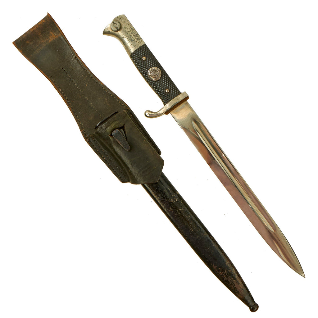 Original German WWII Long 98k Dress Bayonet by ALCOSO with Period Applied Shooting Association Emblem & Scabbard in Frog Original Items