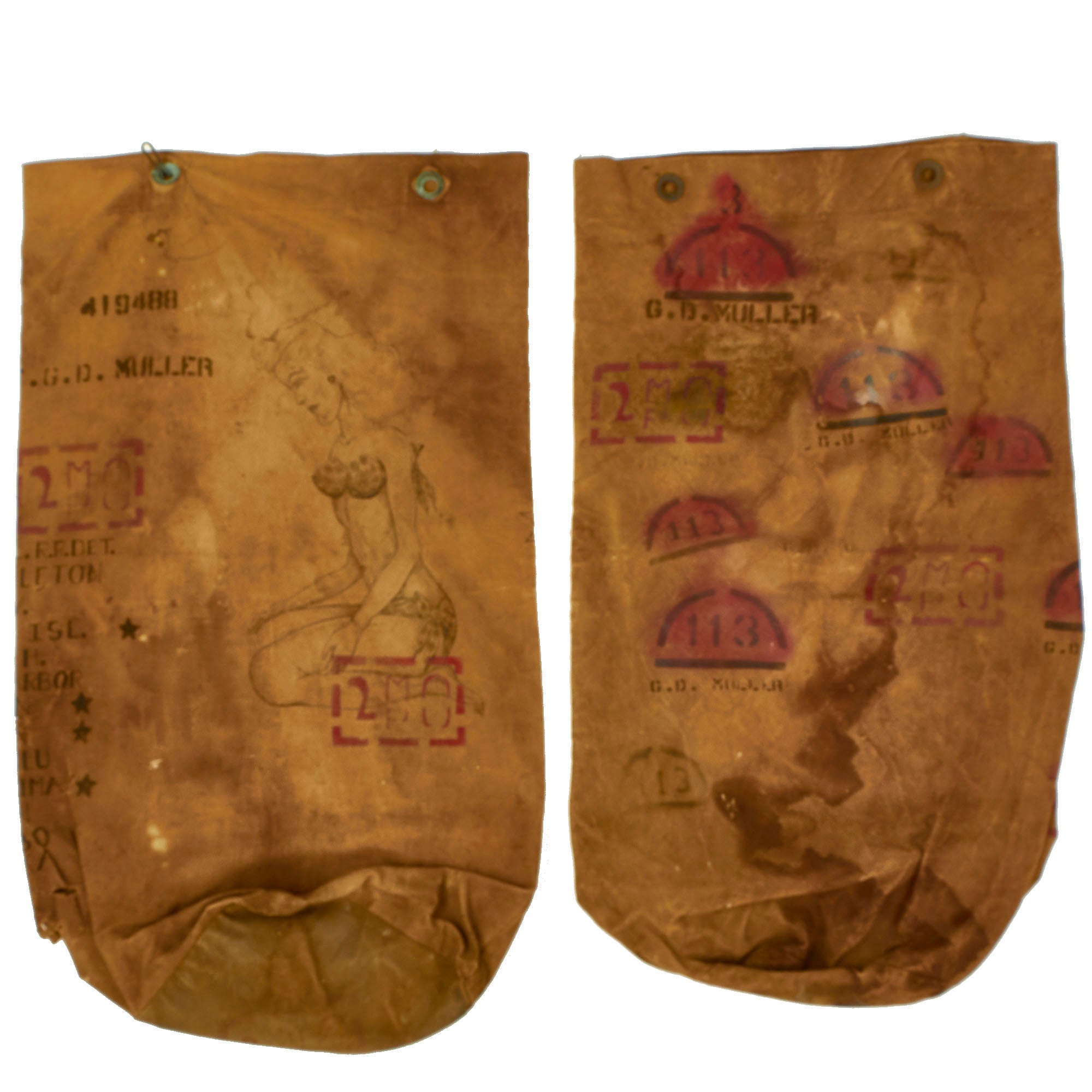 Original WWII Named US Marine Corps Sea Bag Lot Featuring Artwork, UNIS Markings and Locations George Muller 3rd Provisional Military