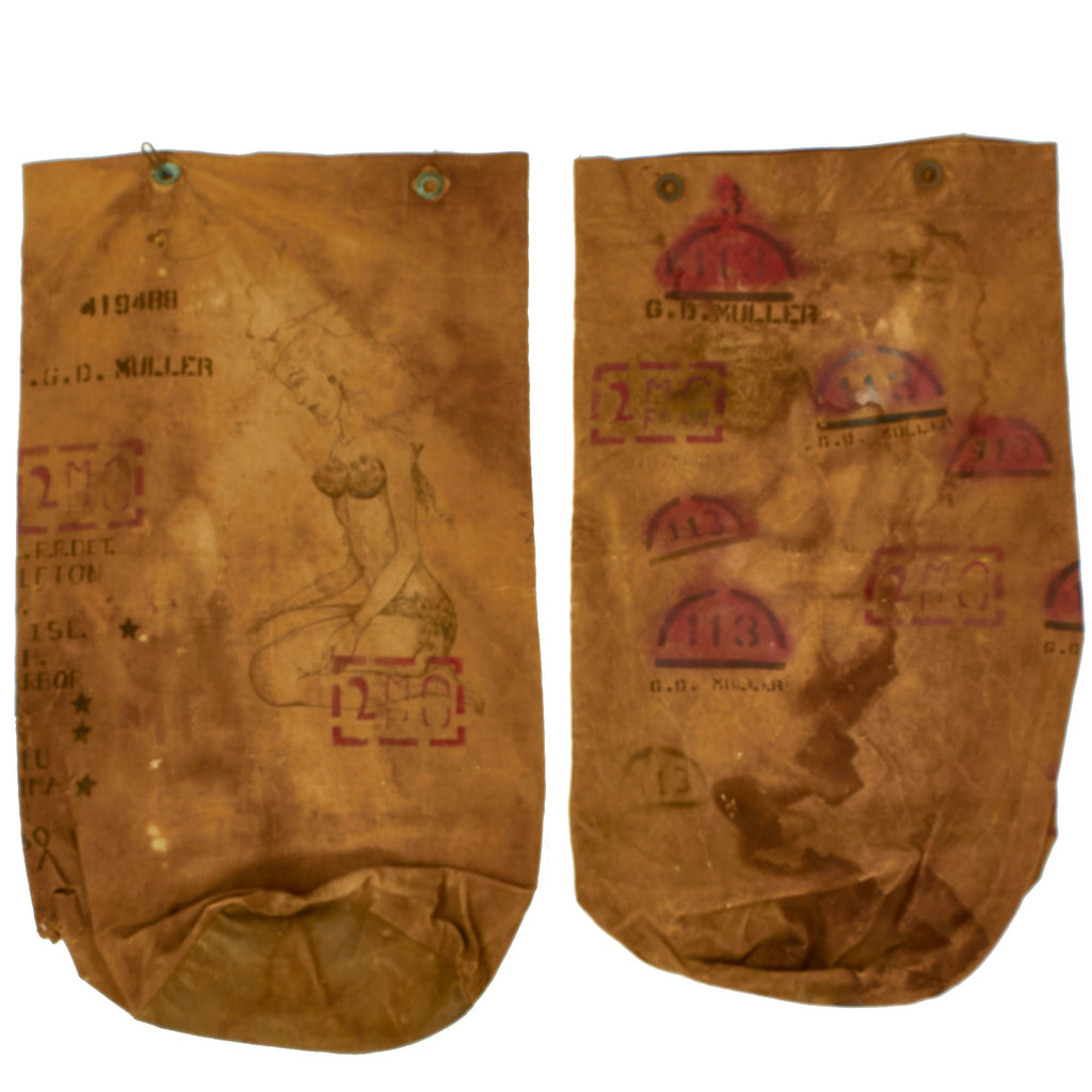 Original U.S. WWII Named US Marine Corps Sea Bag Lot Featuring Artwork, UNIS Markings and Locations - Sgt. George Muller 3rd Provisional Military Police Battalion, 4th Marine Division Original Items