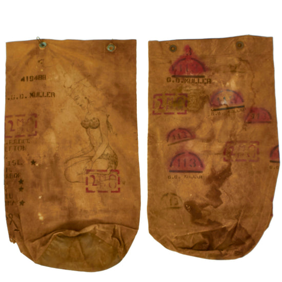Original U.S. WWII Named US Marine Corps Sea Bag Lot Featuring Artwork, UNIS Markings and Locations - Sgt. George Muller 3rd Provisional Military Police Battalion, 4th Marine Division Original Items