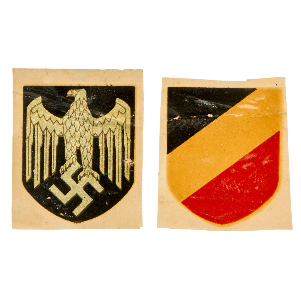 Original German WWII Heer Army Unissued Helmet Decal Set - Silver Wehrmacht Eagle & National Colors Decals Original Items