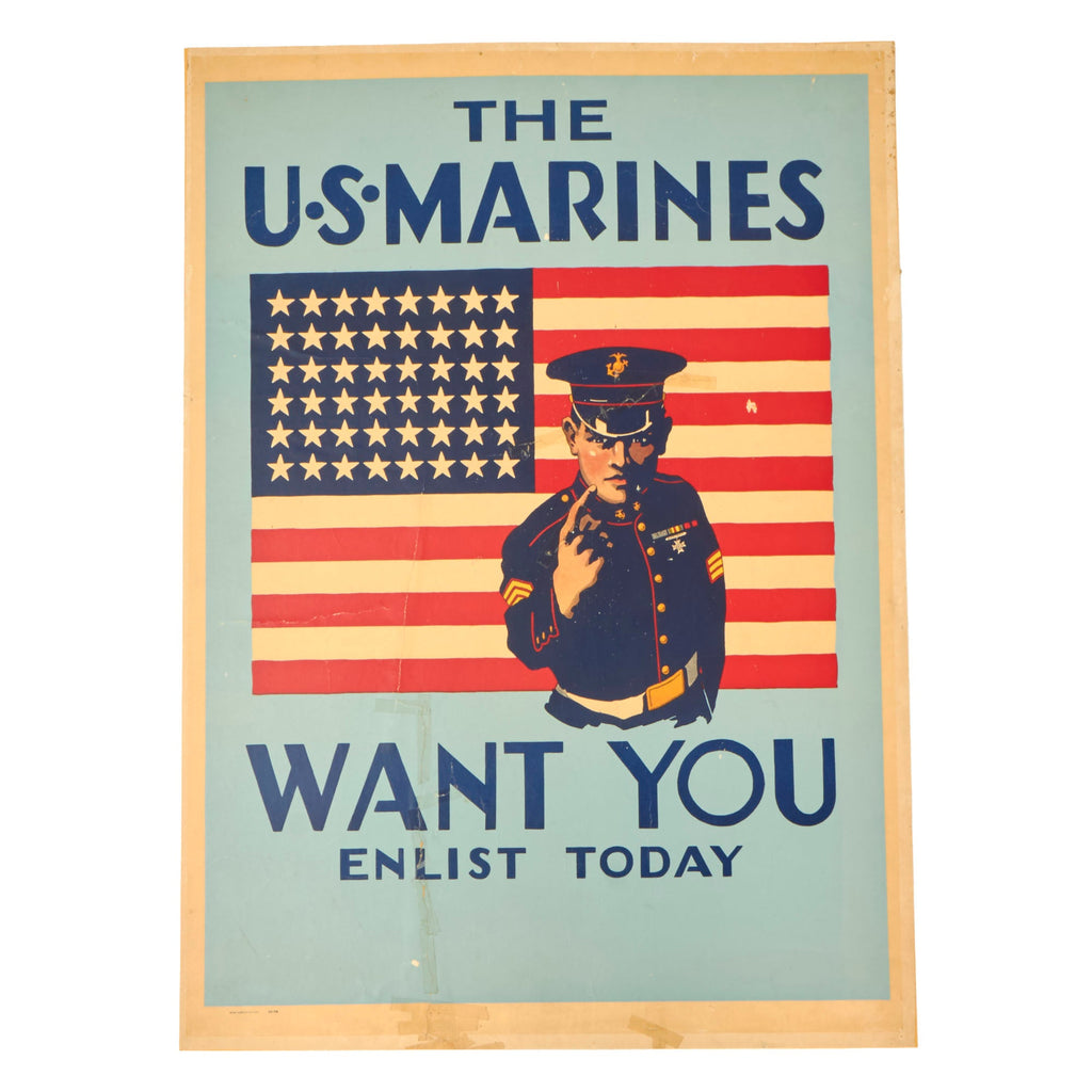 Original U.S. WWII The US Marines Want YOU Enlistment Poster Dated 1942 on Poster Board - 27 x 37¾” Original Items