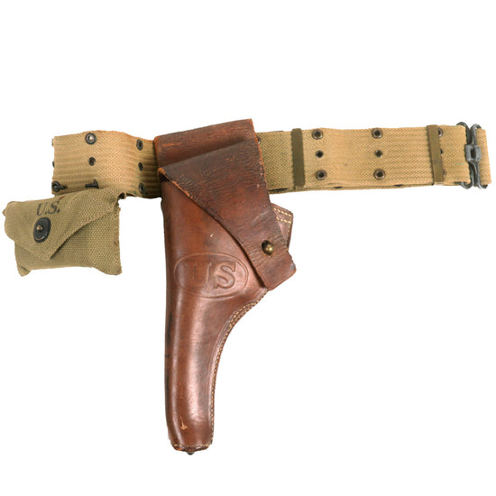 Original U.S. WWI WWII Officer 1918 Dated M1917 .45 Revolver Holster Pistol Cartridge Belt Rig - 1942 Dated First Aid Pouch with Carlisle Bandage Original Items