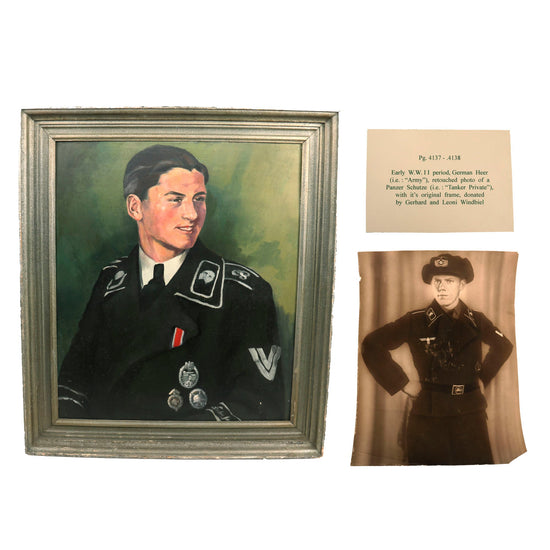 Original German WWII Heer Armored Panzer Wrapper Portrait Set - Framed 26" x 29 ½" Painting & Retouched 11 ⅛" x 15 ¼" Photograph - Formerly A.A.F. Tank Museum Original Items