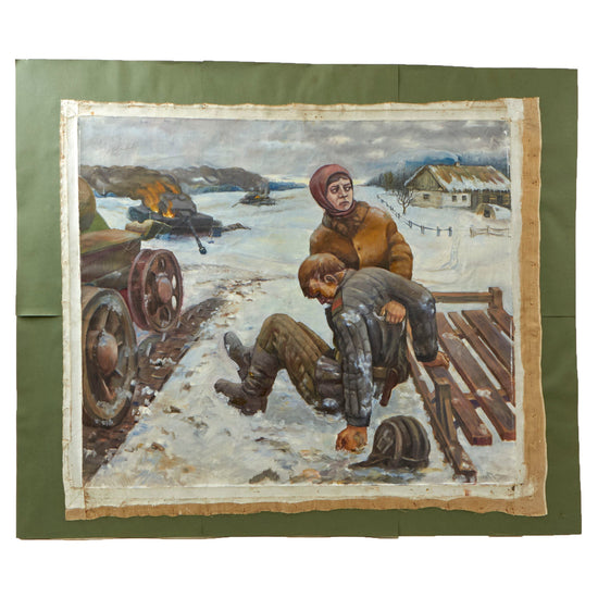 Original Soviet Union Cold War 1984 Dated Oil Painting of Wounded WWII Soviet Tanker Assisted by Civilian - Artwork by M. Вашленко (Vashlenko) - 41” x 49” Original Items