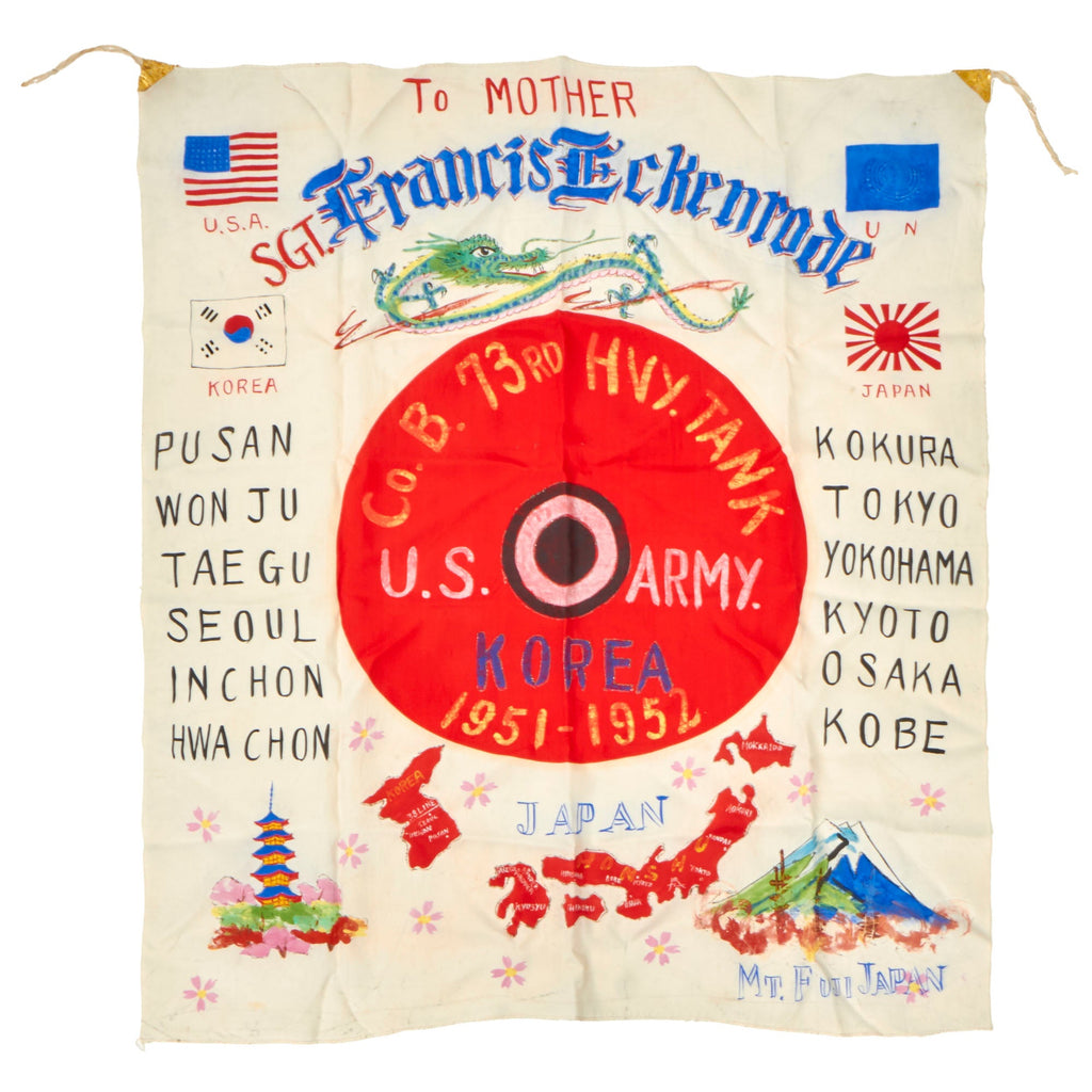 Original U.S. Korean War Named I Corps Japanese-Made Silk Souvenir Flag - 73rd Heavy Tank - Japan and Korea - Formerly Part of the A.A.F. Tank Museum Original Items