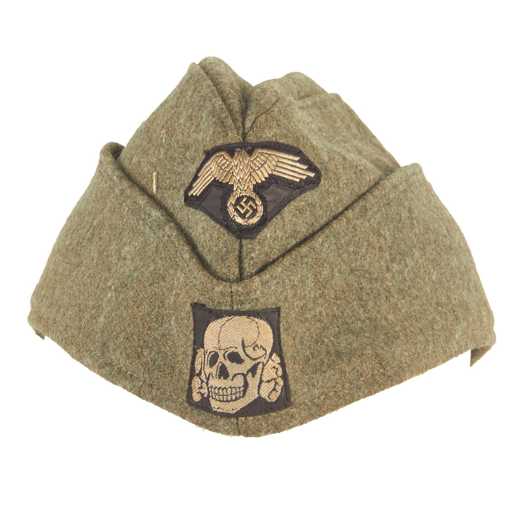 Original German WWII Waffen SS EM-NCO Field Gray Wool M40 Overseas Side Cap with Insignia - size 60 Original Items