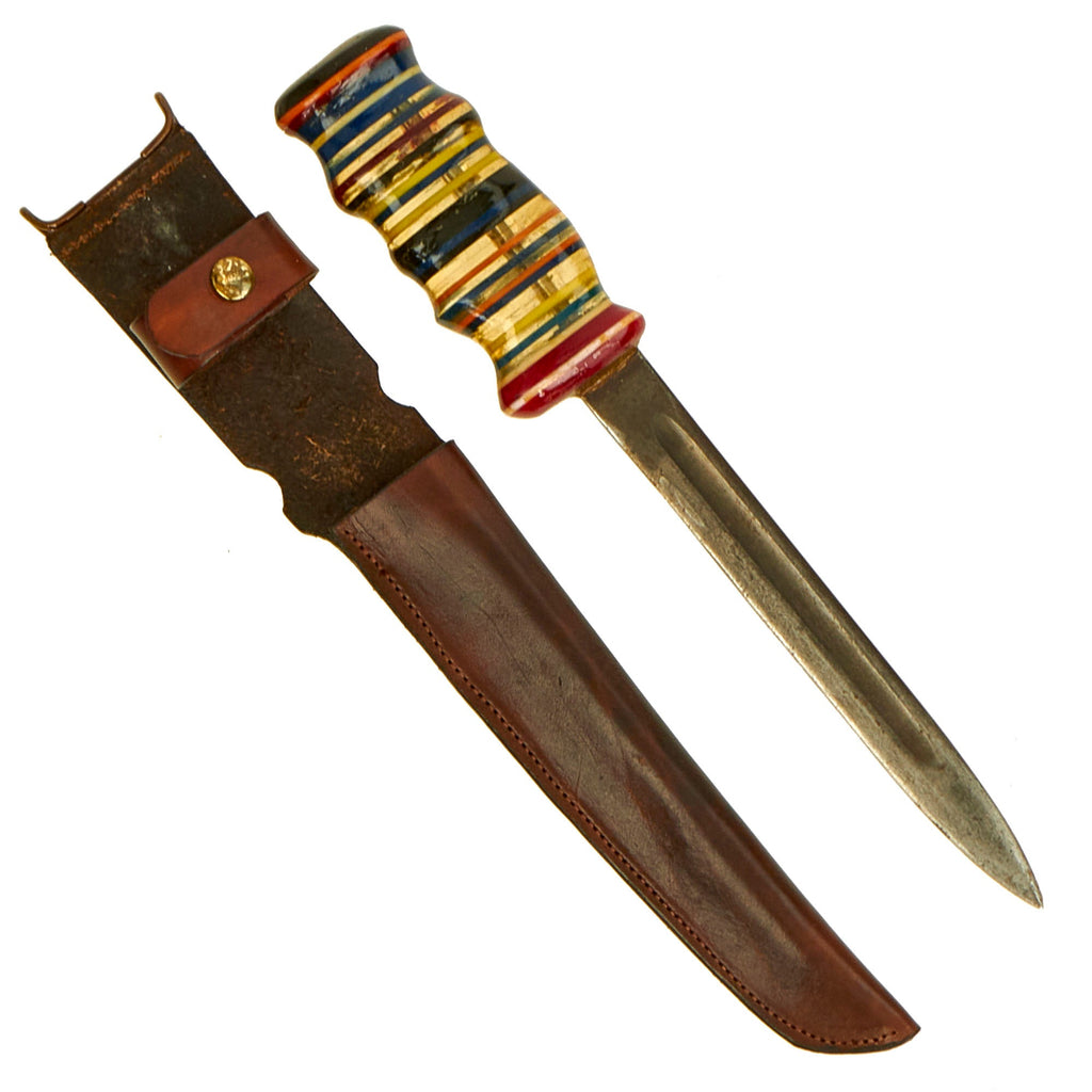 Original U.S. WWII Era “Fat Handle” Theater Made Fighting Knife Constructed From M1942 Bayonet With Leather Scabbard Original Items