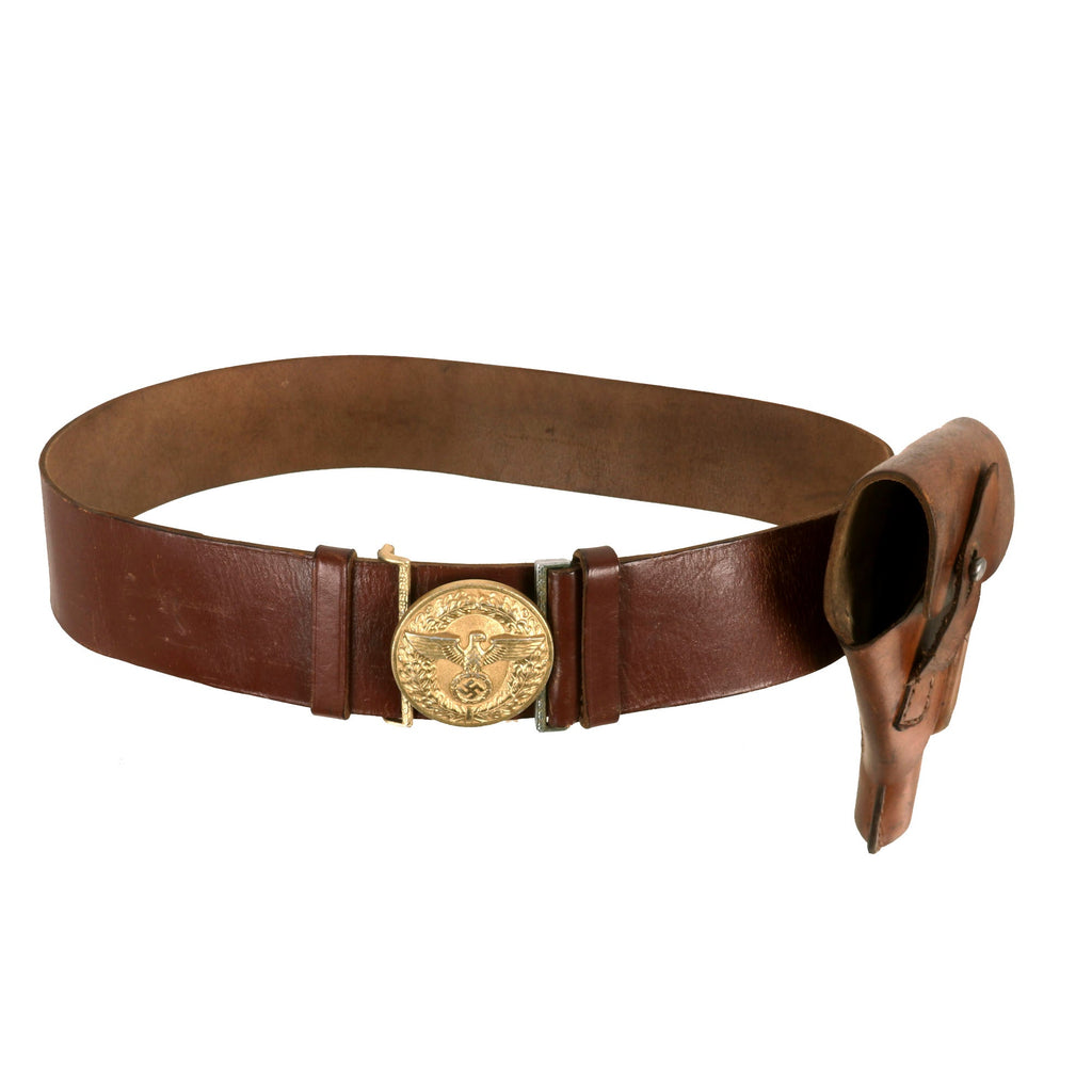 Original German WWII NSDAP Political Leader Leather Belt with Aluminum Belt Buckle by Assmann and Leather High-front Holster Original Items