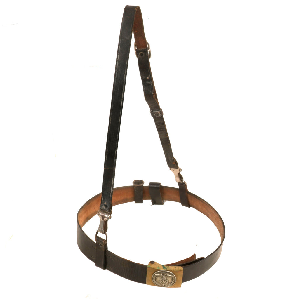 Original German WWII SA EM/NCO Belt with Early Two Piece Brass and Nickle Buckle and Cross Strap - Sturmabteilung Original Items