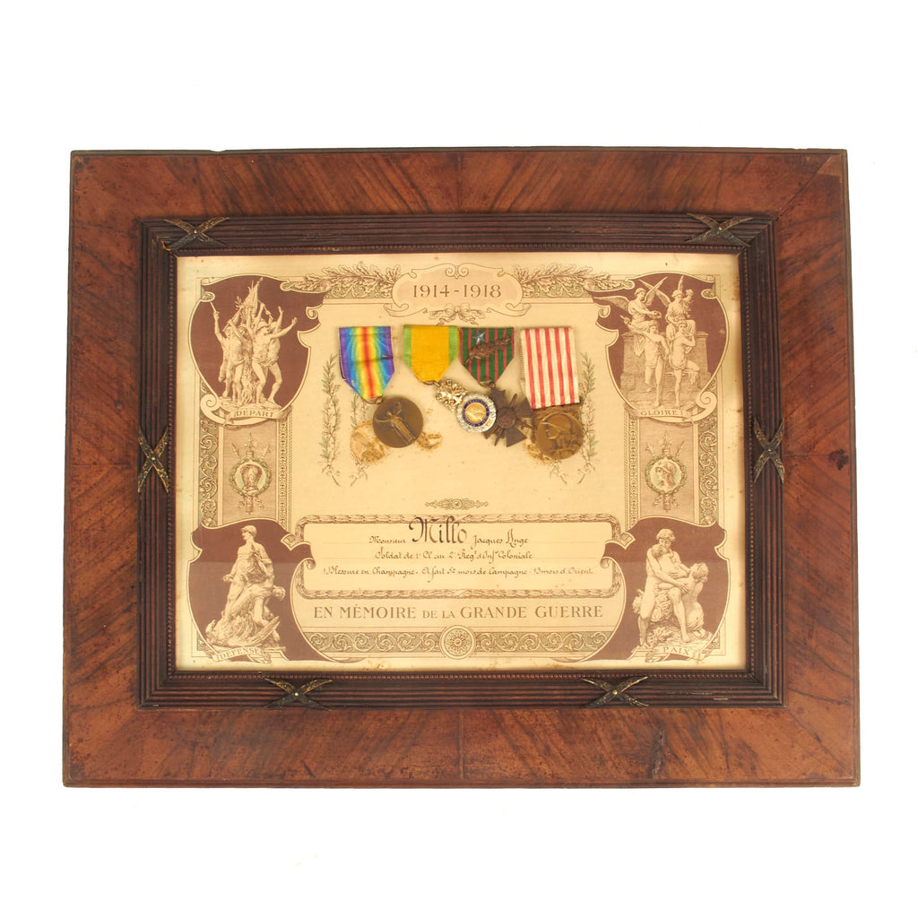 Original French WWI Named and Framed “En Memoir de la Grande Guerre” 1914-1918 Service Certificate With (4) Medals Attached Original Items