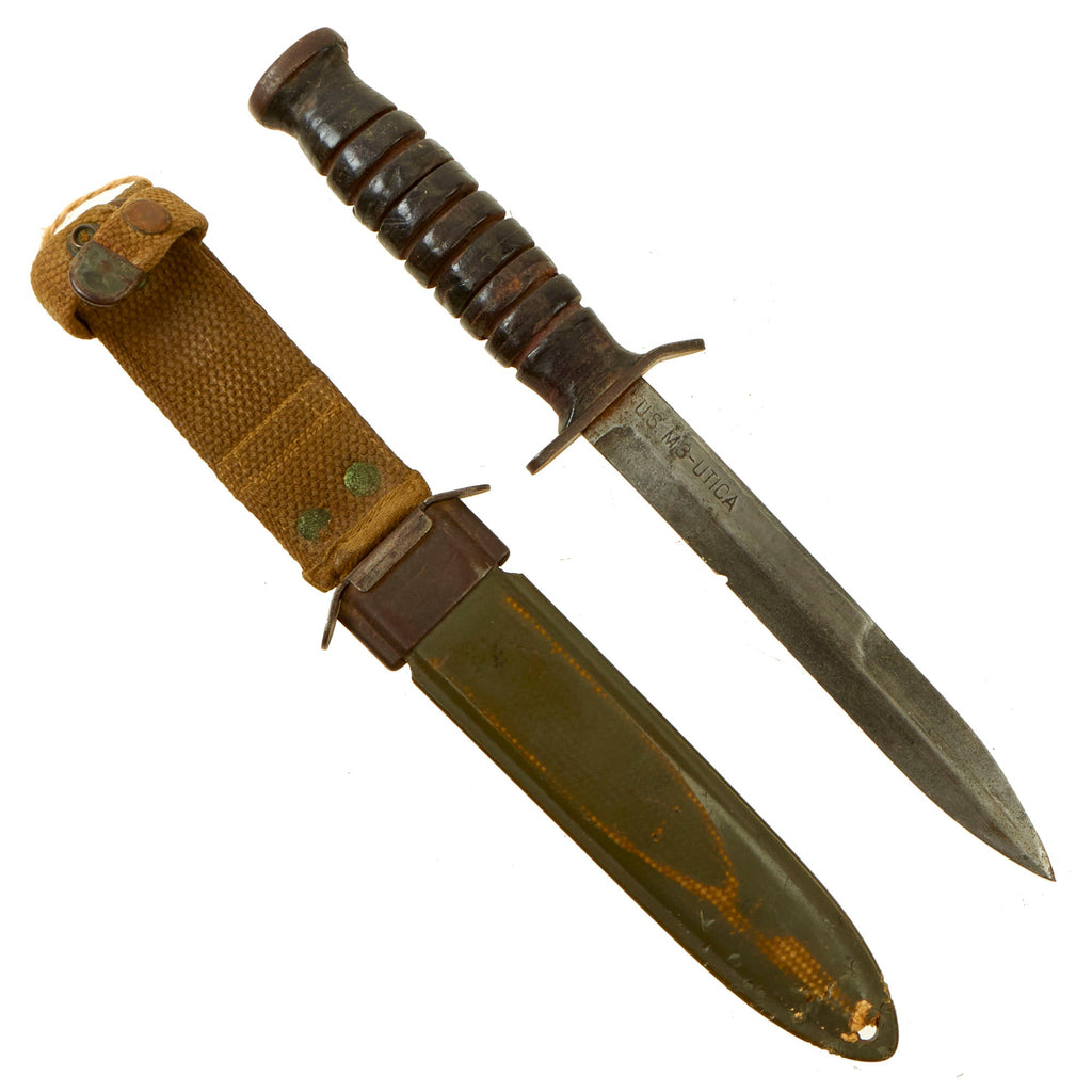 Original U.S. WWII Blade Marked M3 Fighting Knife by UTICA Cutlery Co. with M8 Scabbard Original Items