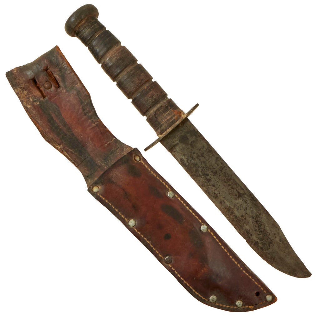 Original U.S. WWII Service-Used USMC Mark 2 KA-BAR Fighting Knife With Leather Sheath Original Items