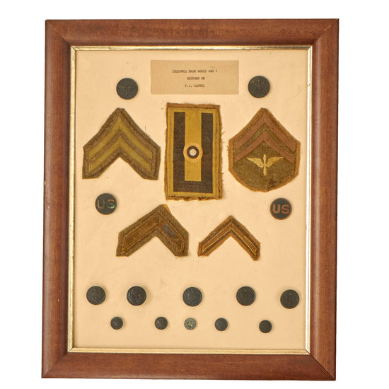 Original U.S. WWI First Army Air Service, Photo Section No. 15 Uniform and Insignia Lot For Corporal Frank J. Gaukel, Photographer - 13 ½” x 16 ½”, Framed Original Items