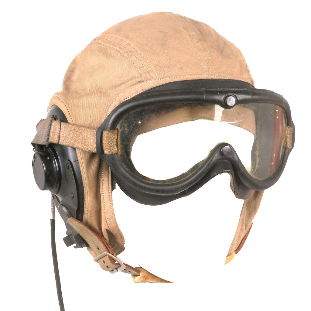 Original U.S. WWII Army Air Force Unissued Aviator Flight Helmet Set - Polaroid Goggles & AN-H-15 Helmet with Earphones Original Items