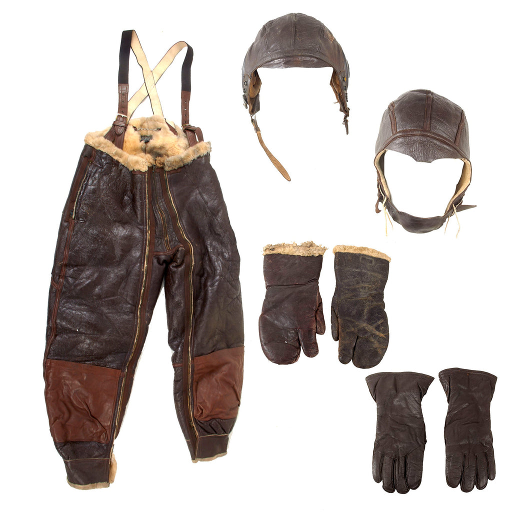 Original U.S. WWII Army Air Forces Type A-3 Sheepskin Shearling Trousers with Two Sets of Mittens & Two Flight Helmets Original Items
