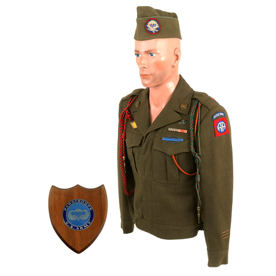 Original U.S. WWII 82nd Airborne Division, 505th Parachute Infantry Regiment Headquarters Ike Jacket Named to Private John M. Cox With Overseas Cap and Plaque Original Items