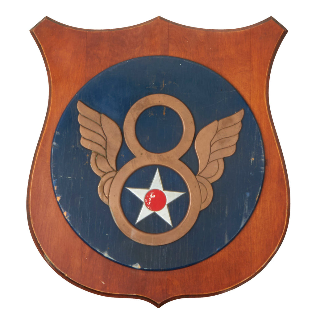 Original WWII U.S. Army Air Forces Metal & Wood Eighth Air Force Base Plaque - 18 ¾" x 17 Original Items