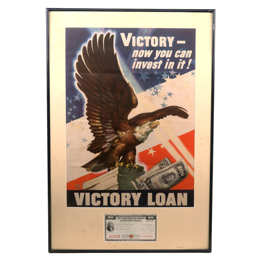 Original U.S. WWII Framed “Victory - Now you can Invest in it!” Loan Propaganda Poster with Real War Savings Bond - No Glass - 23¼ x 34¼” Original Items