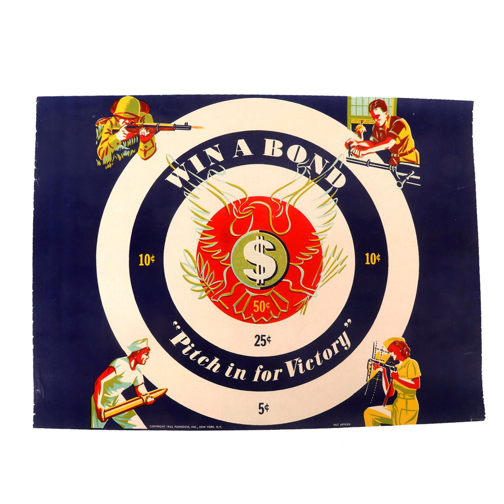 Original U.S. WWII Homefront Win-a-Bond Bullseye Poster - “Pitch in for Victory” - Dated 1943 - 14½ x 20” Original Items