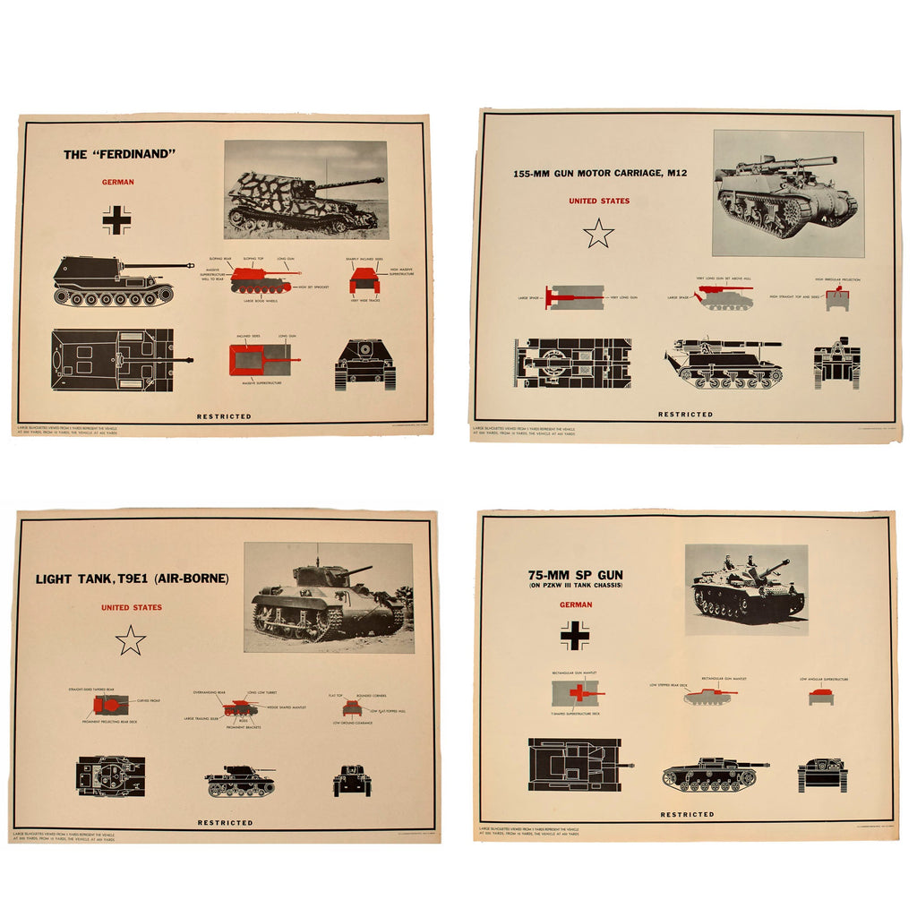Original U.S. WWII Armored Vehicle Silhouette Recognition Poster Set of 4 - 24” x 19” Original Items