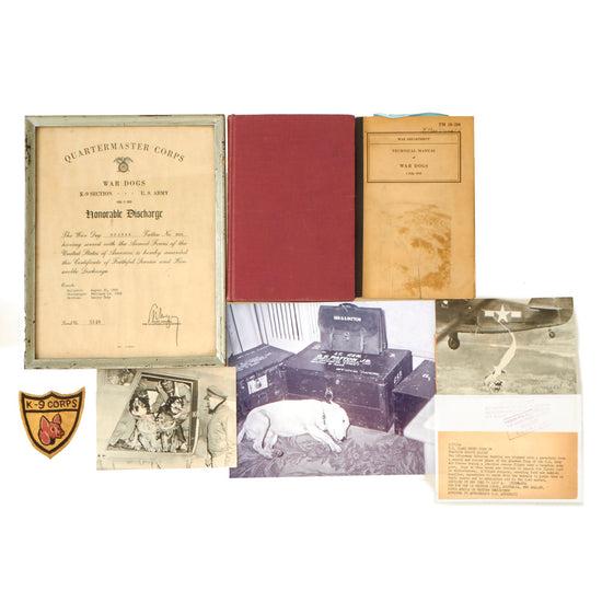 Original U.S. WWII K-9 Corps War Dog Technical Manual, Discharge Paperwork and Photo Grouping For Sentry Duty K9 “Buster” Original Items